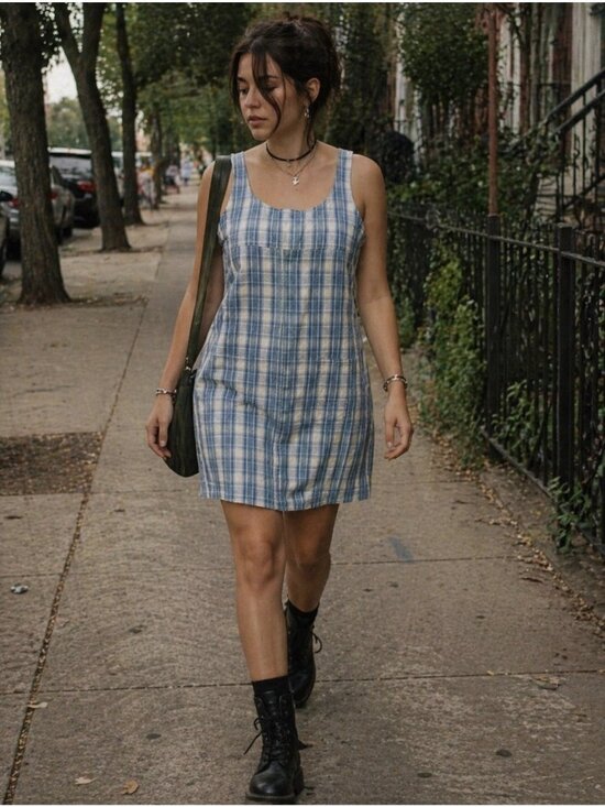 Dresses & Skirts - Vintage Plaid Jumper Dress Sz. L Blue Check Jumoef Dress
